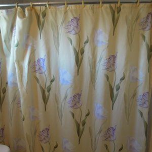Yellow shower curtain with purple parrot tulips 🐸